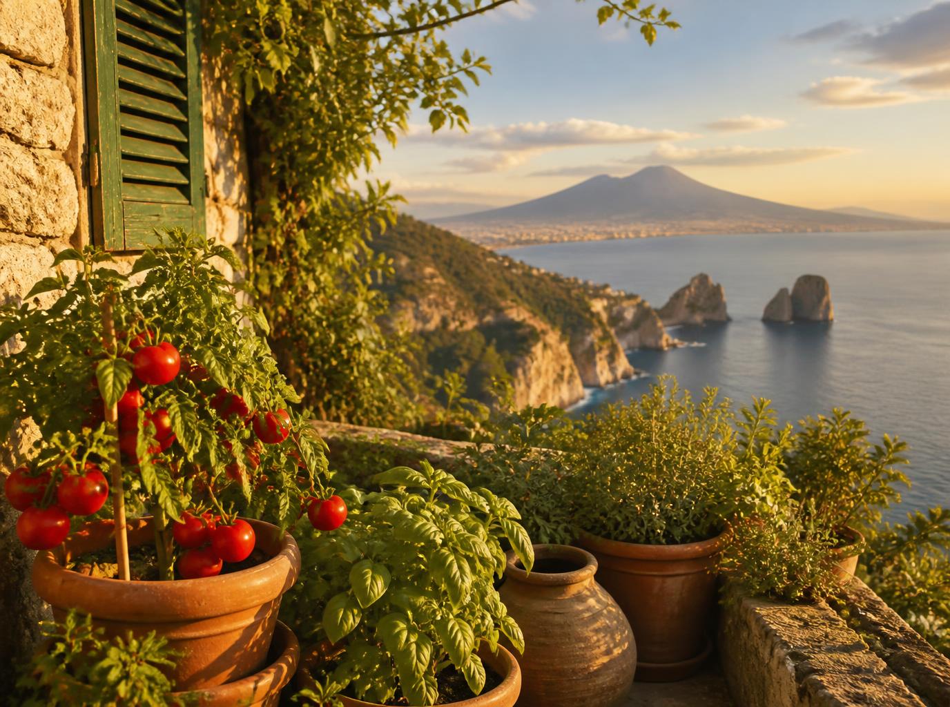 Jardin méditerranéen avec tomates, basilic et vue sur la mer au coucher du soleil