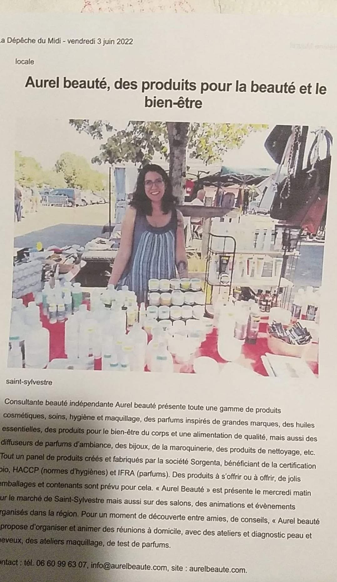 Article de La Dépêche du Midi du 3 juin 2022 consacré à AureL Beauté sur le marché de Saint-Sylvestre