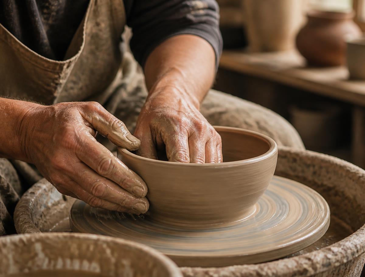 Mains façonnant un bol sur un tour de potier pendant un cours de poterie