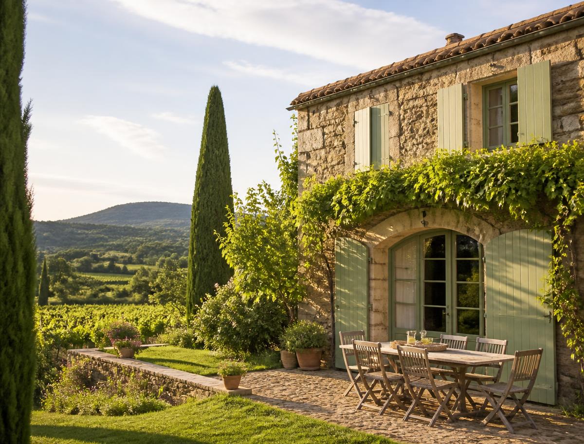 Le gîte en pierre et sa terrasse, entouré de vignes en Languedoc