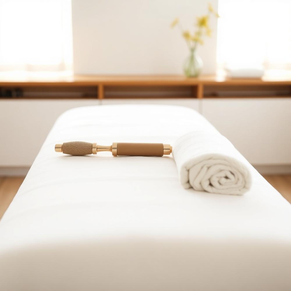Table de soin avec linge blanc et accessoire de massage — visuel de remplacement