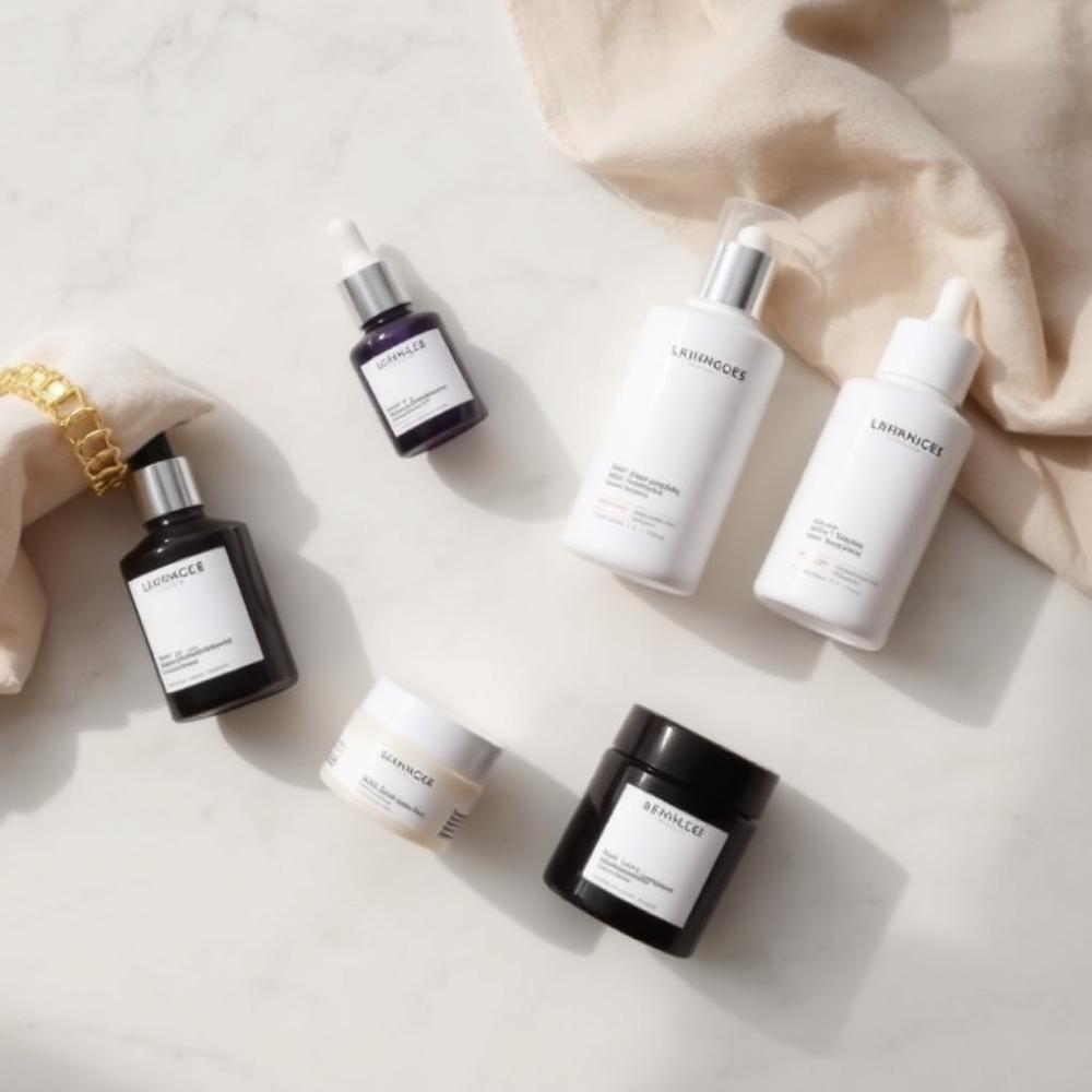 Flacons de soins cosmétiques disposés sur un plan clair — visuel de remplacement