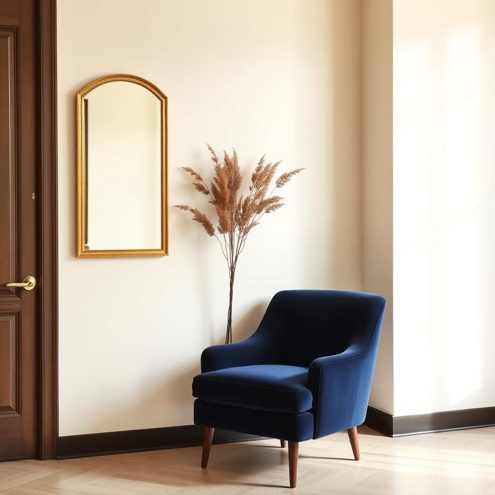 Fauteuil bleu nuit, miroir doré et fleurs séchées dans un intérieur clair — visuel de remplacement