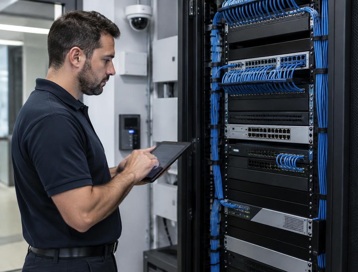 Technicien réalisant un audit d'une baie technique de sécurité