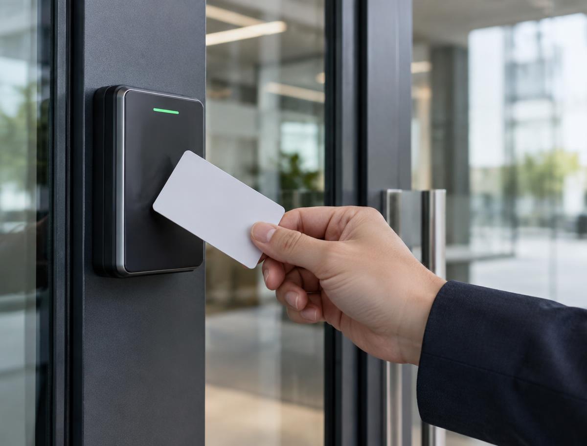 Lecteur de badge à côté d'une porte vitrée de bureau